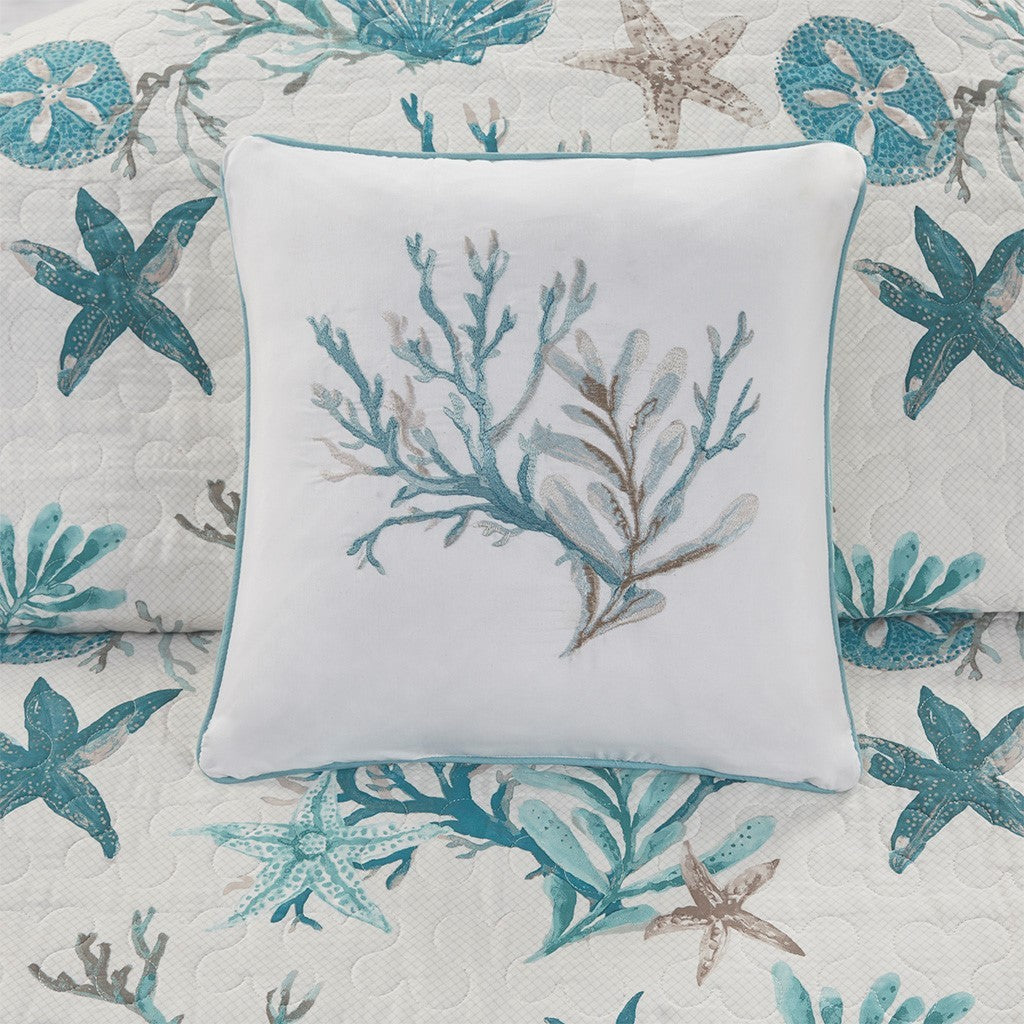 Quilt set Aqua Cotton Sateen with one coordinating throw pillow in teal sea life print on Tampa Home & Garden Store