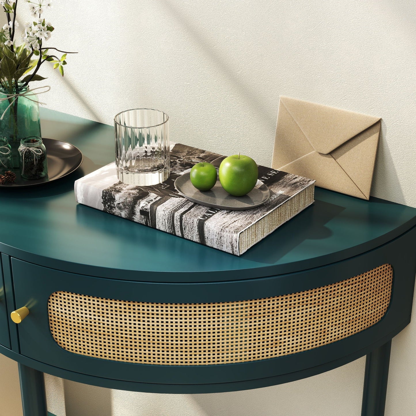 Boho rattan semi-circle end table with sliding door and storage shelf in teal HouseOfZazla on Tampa Home & Garden Store