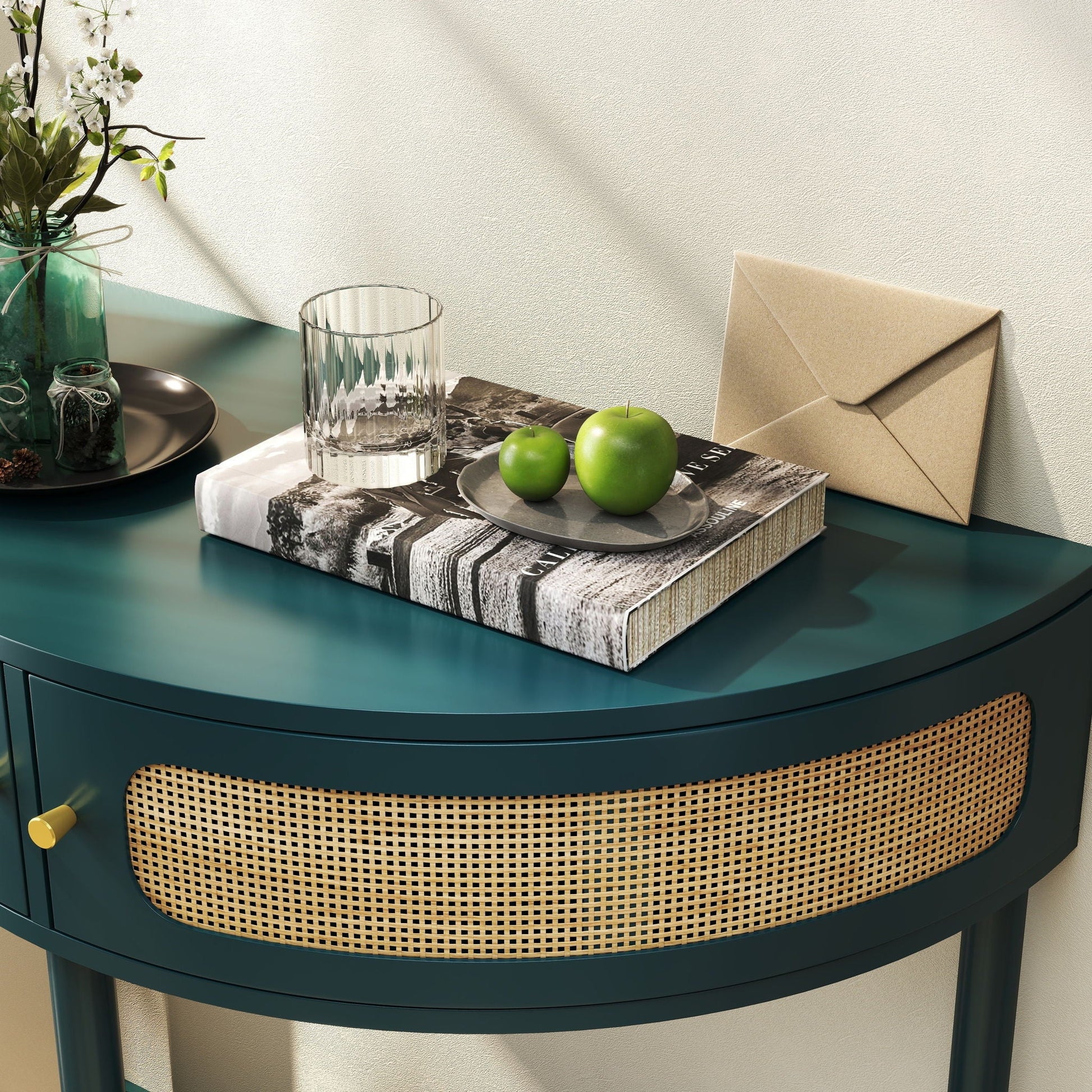Boho rattan semi-circle end table with sliding door and storage shelf in teal HouseOfZazla on Tampa Home & Garden Store