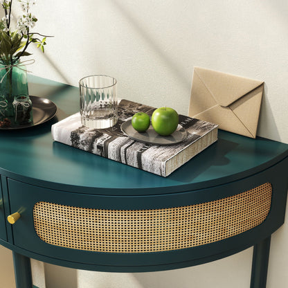 Boho rattan semi-circle end table with sliding door and storage shelf in teal HouseOfZazla on Tampa Home & Garden Store