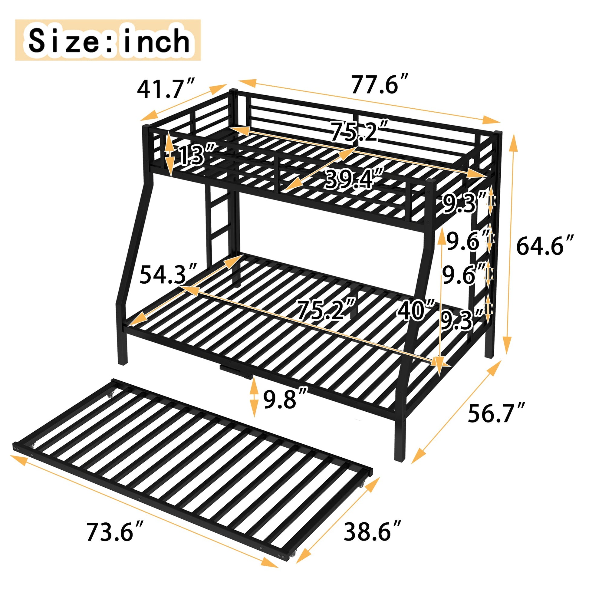 Twin over full metal bunk bed with twin trundle in black powder-coated finish solid on Tampa Home & Garden Store