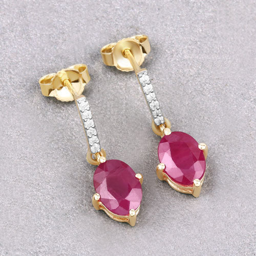 Pair of 10K yellow gold drop earrings with pavé diamonds and oval rubies 1.75ct on Tampa Home & Garden Store