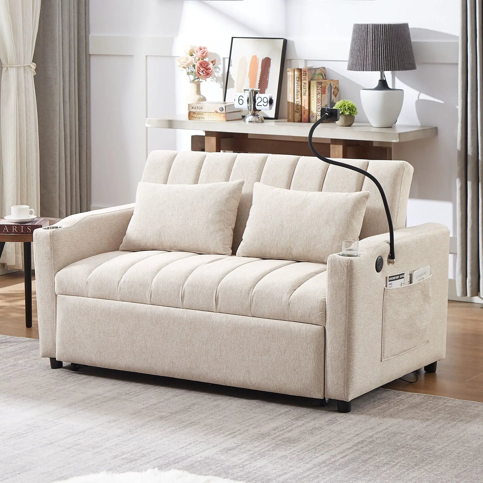 Beige sleeper loveseat in fabric with tufted cushions and side pockets for storage on Tampa Home & Garden Store