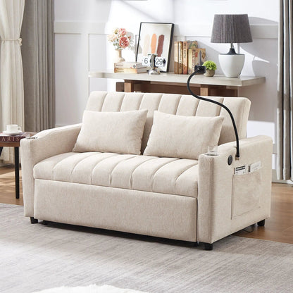 Beige sleeper loveseat in fabric with tufted cushions and side pockets for storage on Tampa Home & Garden Store