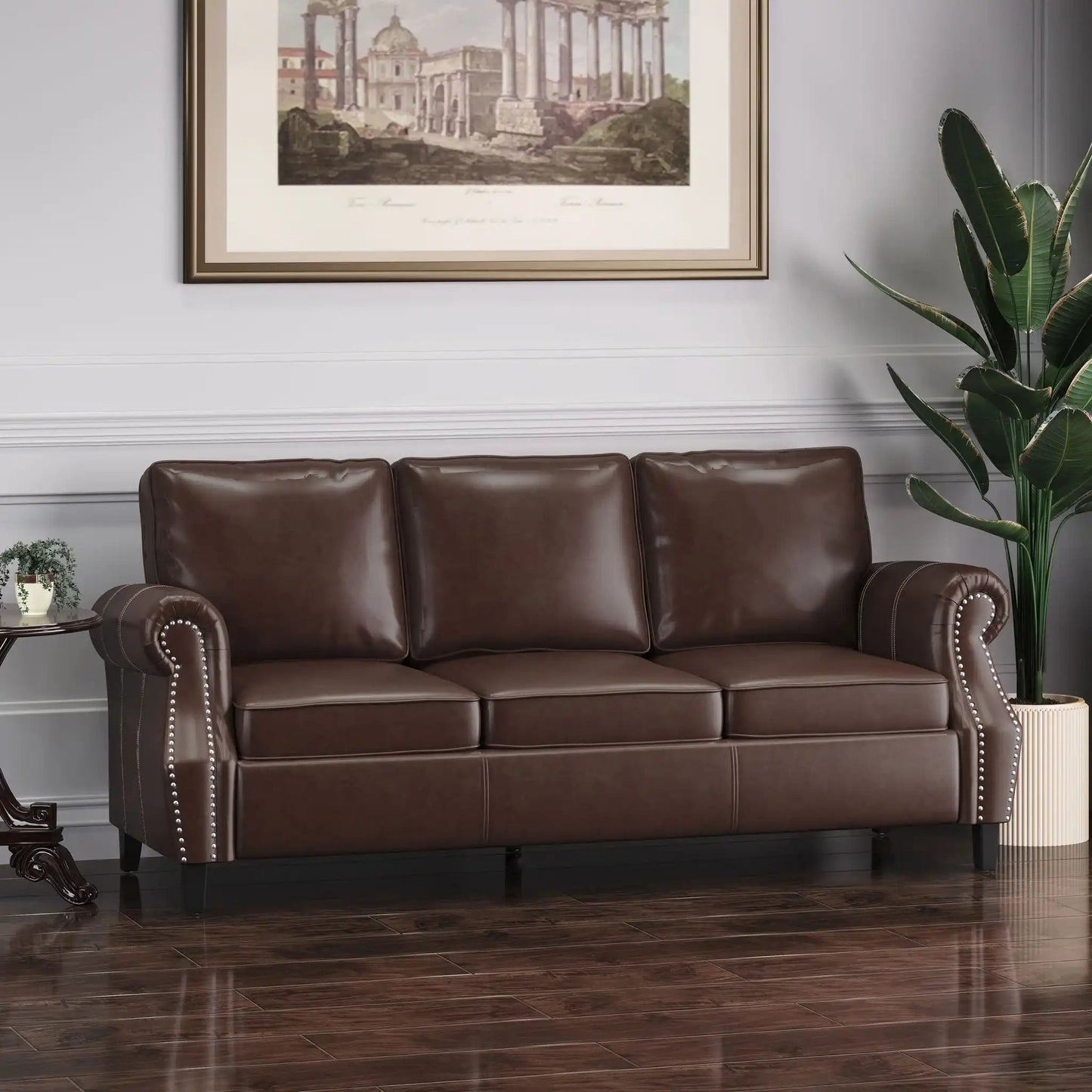 Contemporary 3 Seater Leather Sofa with Nailhead Trim in brown, studded rolled arms on Tampa Home & Garden Store