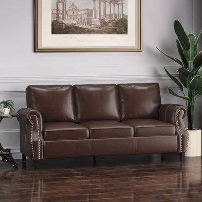 Contemporary 3 Seater Leather Sofa with Nailhead Trim in brown, studded rolled arms on Tampa Home & Garden Store