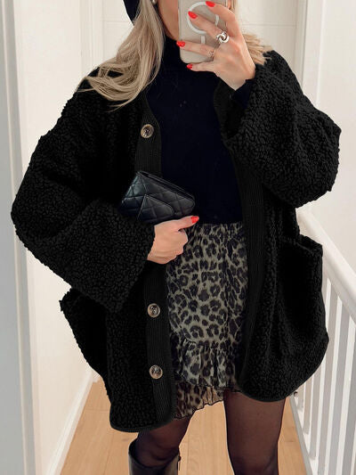 Sherpa jacket for women by Stevvex, black plush coat with pockets and button-up front on Tampa Home & Garden Store