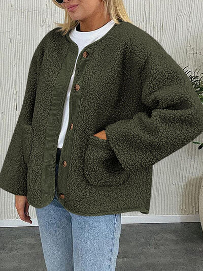 Stevvex olive green sherpa jacket with button-front closure and front pockets on Tampa Home & Garden Store