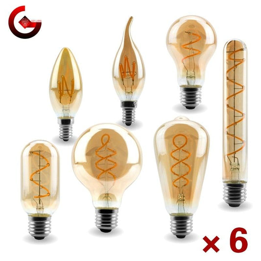 Stevvex vintage LED filament bulbs set of 6 in amber glass with spiral filaments on Tampa Home & Garden Store