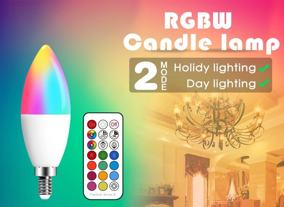 Stevvex E14 RGB LED Candle Bulb with remote, 5W, dimmable, RGB+C+W, 2700K-6500K 2-mode lighting on Tampa Home & Garden Store