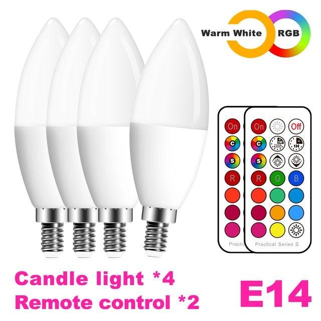 E14 LED Candle Bulbs 4-bulb Stevvex with RGB+C+W remote, C37 shape 5W 400LM white to RGB on Tampa Home & Garden Store