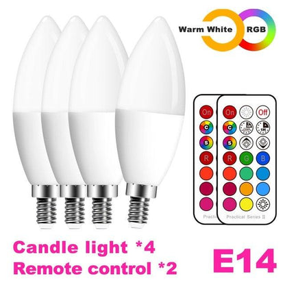 E14 LED Candle Bulbs 4-bulb Stevvex with RGB+C+W remote, C37 shape 5W 400LM white to RGB on Tampa Home & Garden Store