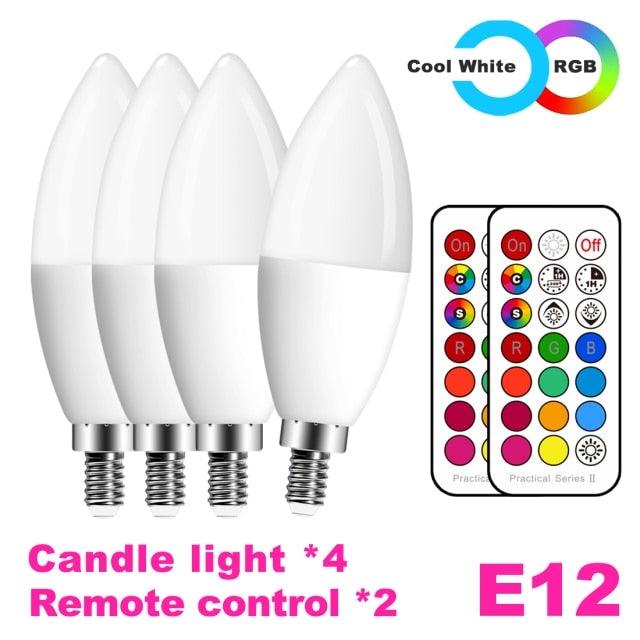 Stevvex LED candle bulbs 4-pack with E12 bases, RGB+C white, remote control, 5W 400LM on Tampa Home & Garden Store