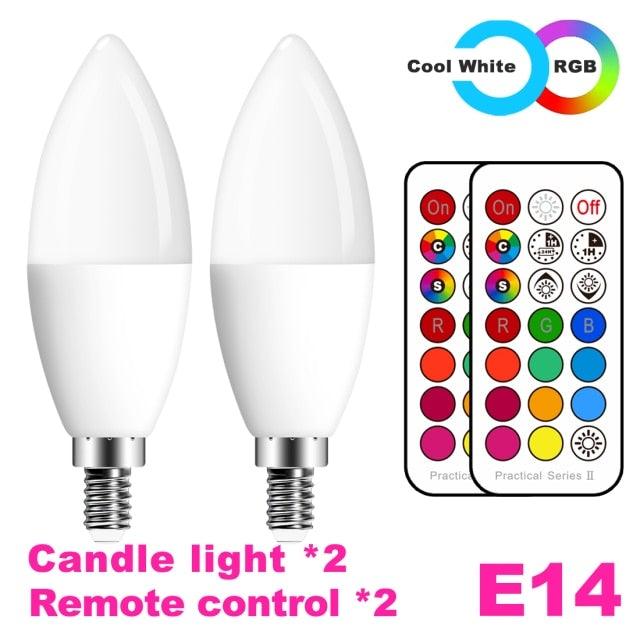 E14 LED candle bulbs with remote RGB control, two bulbs and remotes shown on Tampa Home & Garden Store