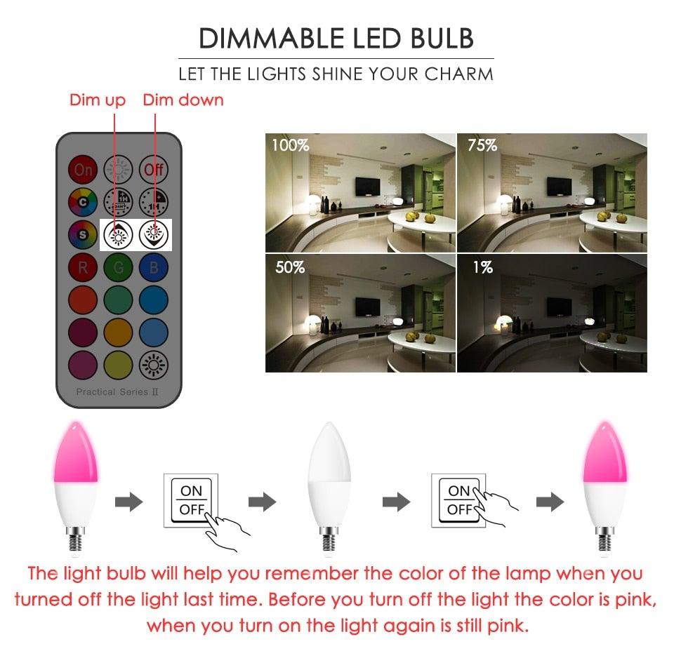Candle RGB LED bulb by Stevvex, dimmable with remote, C37 shape for candelabra on Tampa Home & Garden Store