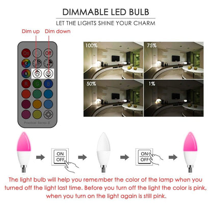 Candle RGB LED bulb by Stevvex, dimmable with remote, C37 shape for candelabra on Tampa Home & Garden Store
