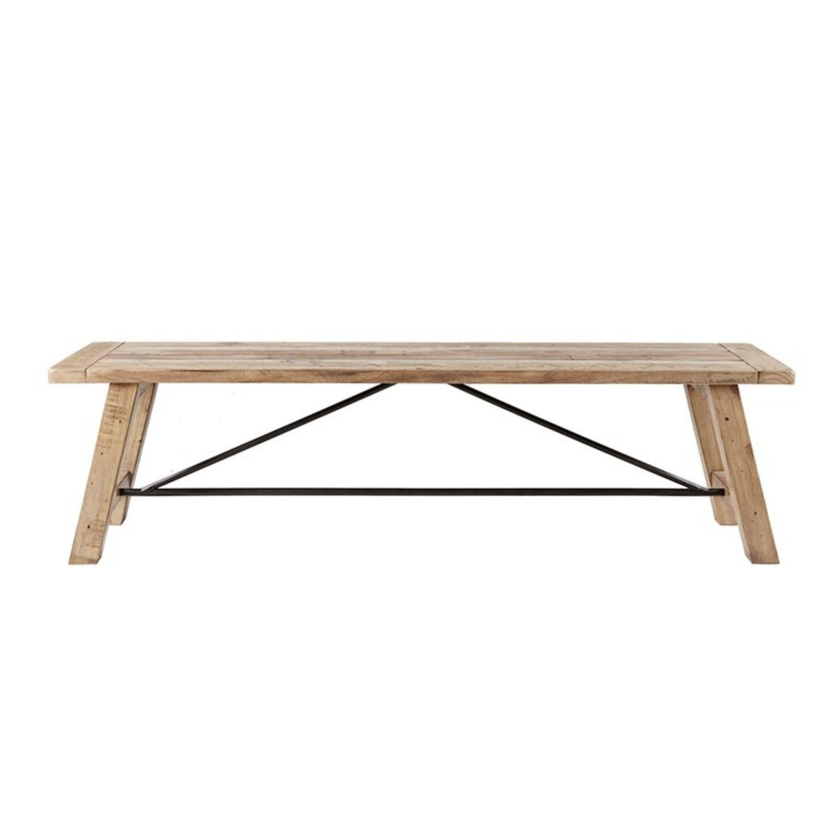 Solid wood dining bench with metal stretchers in light brown on Tampa Home & Garden Store
