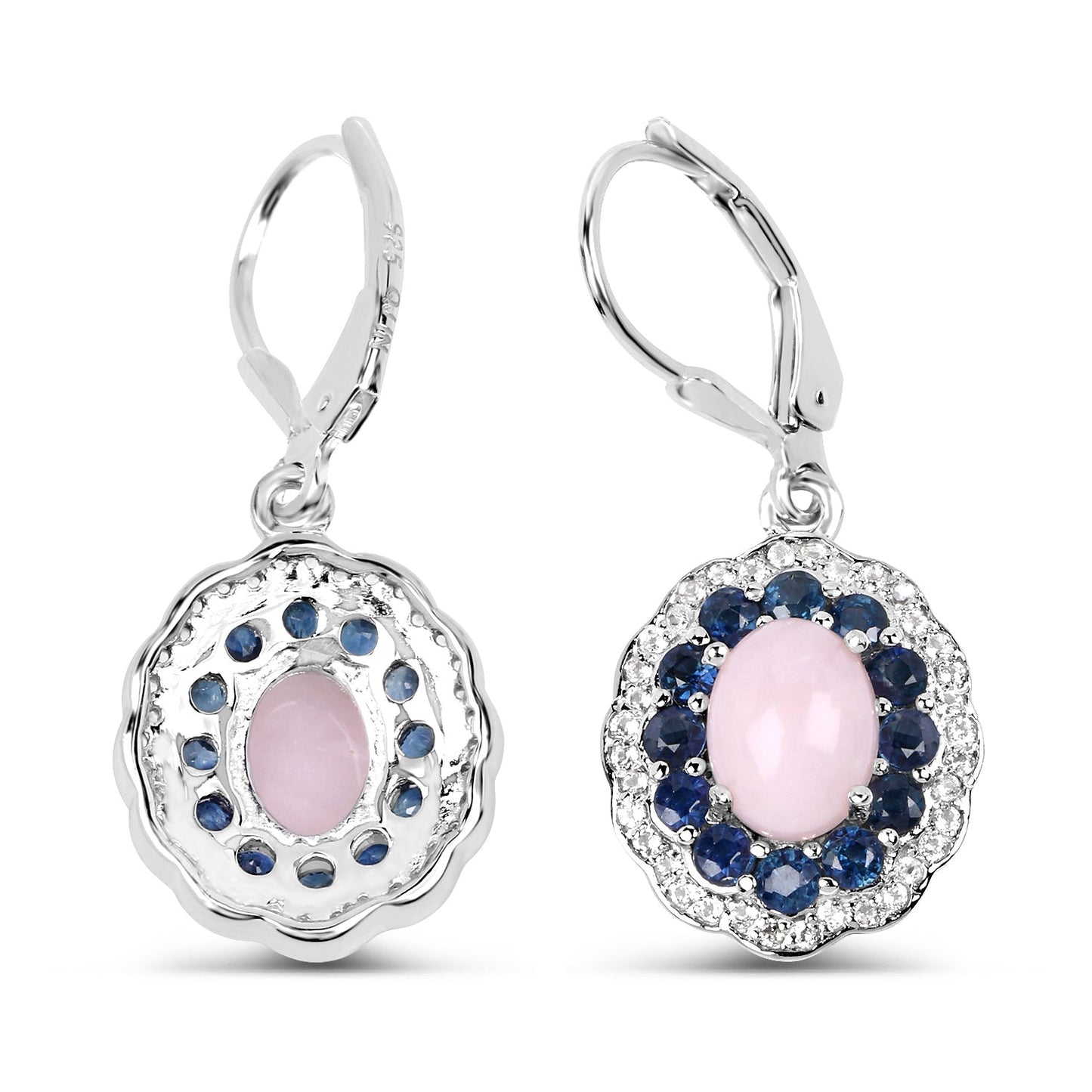 Pair of sterling silver lever-back earrings with pink opal surrounded by blue sapphires on Tampa Home & Garden Store