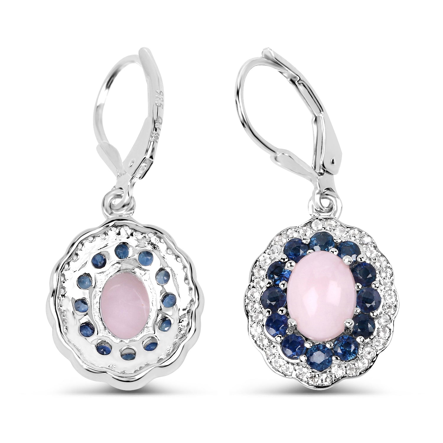 Pair of sterling silver lever-back earrings with pink opal surrounded by blue sapphires on Tampa Home & Garden Store