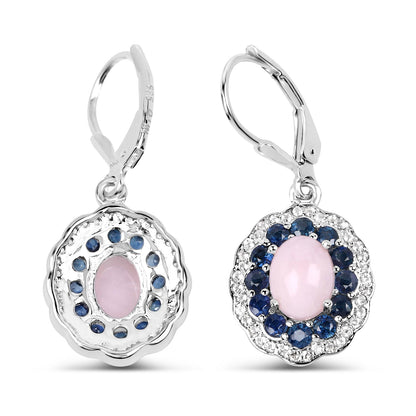 Pair of sterling silver lever-back earrings with pink opal surrounded by blue sapphires on Tampa Home & Garden Store