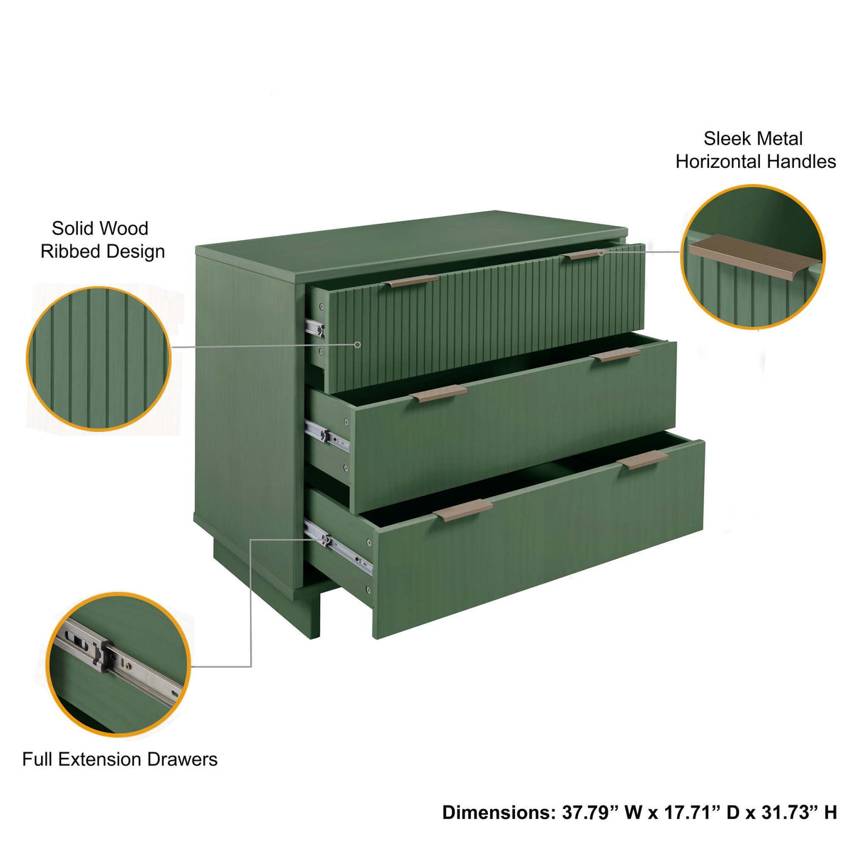 Solid Wood 3-Drawer Dresser with Ribbed Fronts in Green by HouseOfZazla on Tampa Home & Garden Store