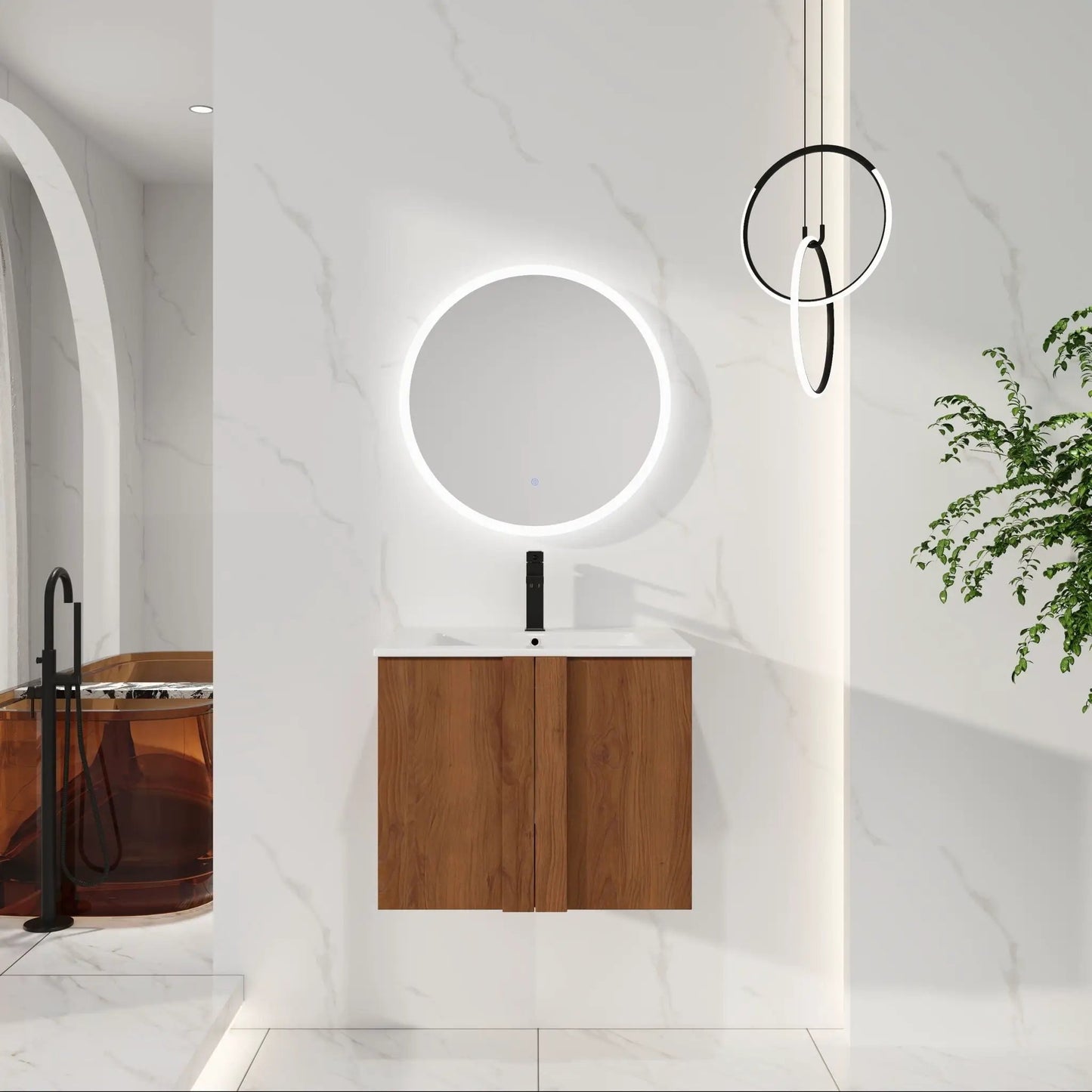 Floating Bathroom Vanity With Sink Combo, wood cabinet, wall mirror, LED ring light on Tampa Home & Garden Store