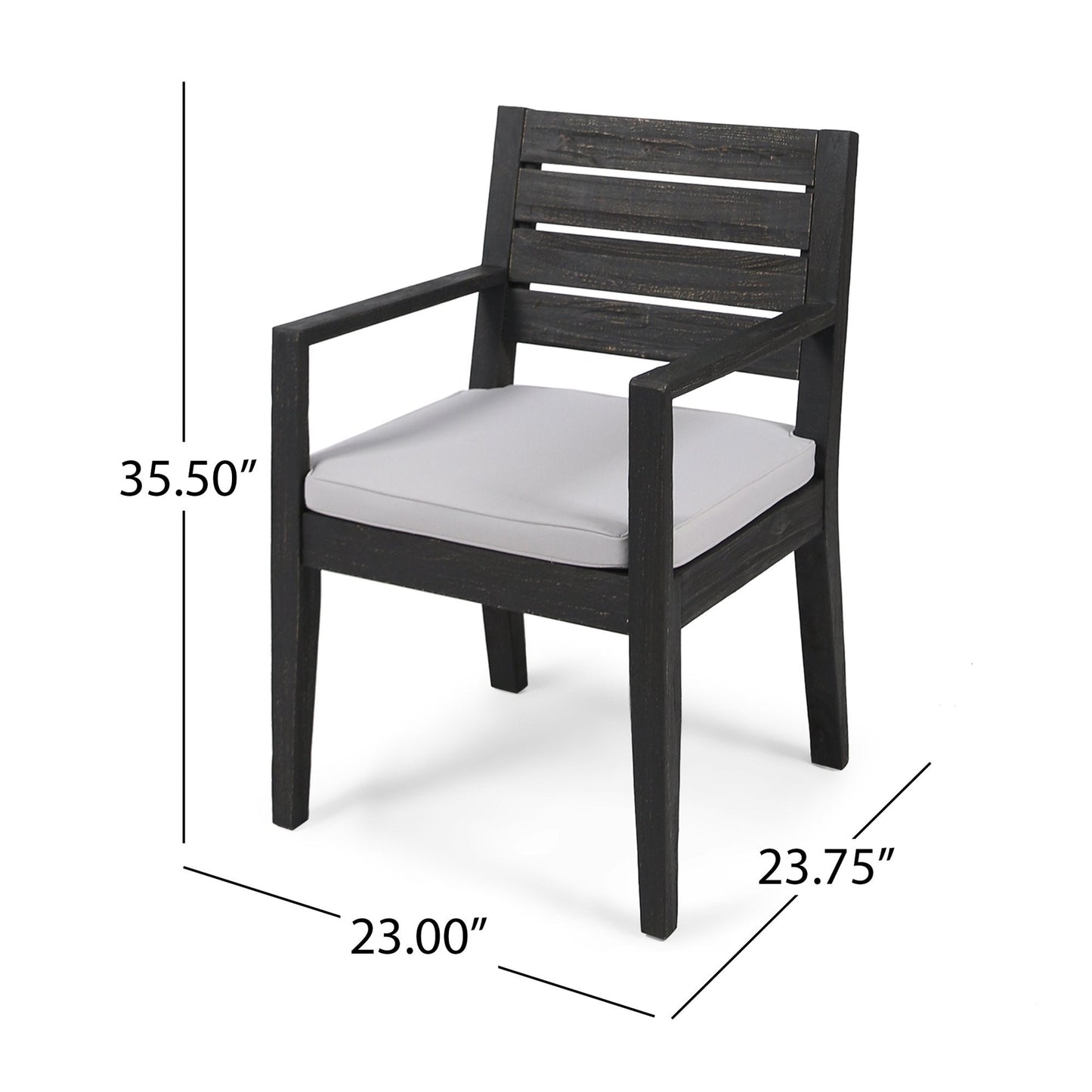 Outdoor acacia wood dining chair with dark sandblasted finish and light gray cushion on Tampa Home & Garden Store