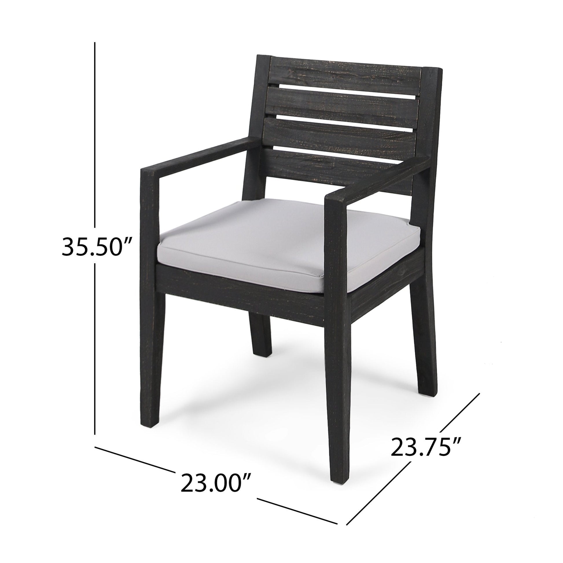 Outdoor acacia wood dining chair with dark sandblasted finish and light gray cushion on Tampa Home & Garden Store