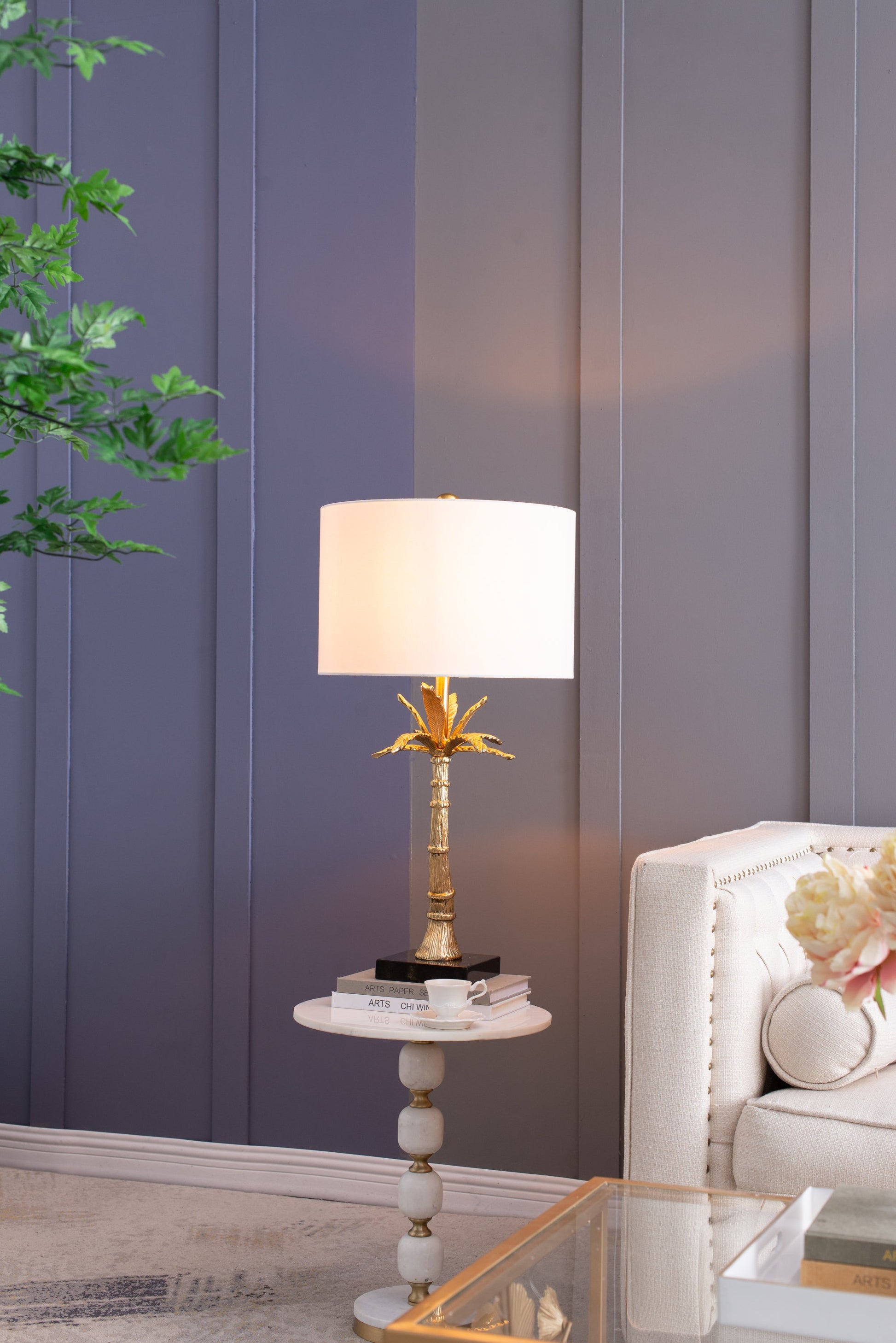 Leaf table lamp with gold finish, marble base, white shade by HouseOfZazla on Tampa Home & Garden Store