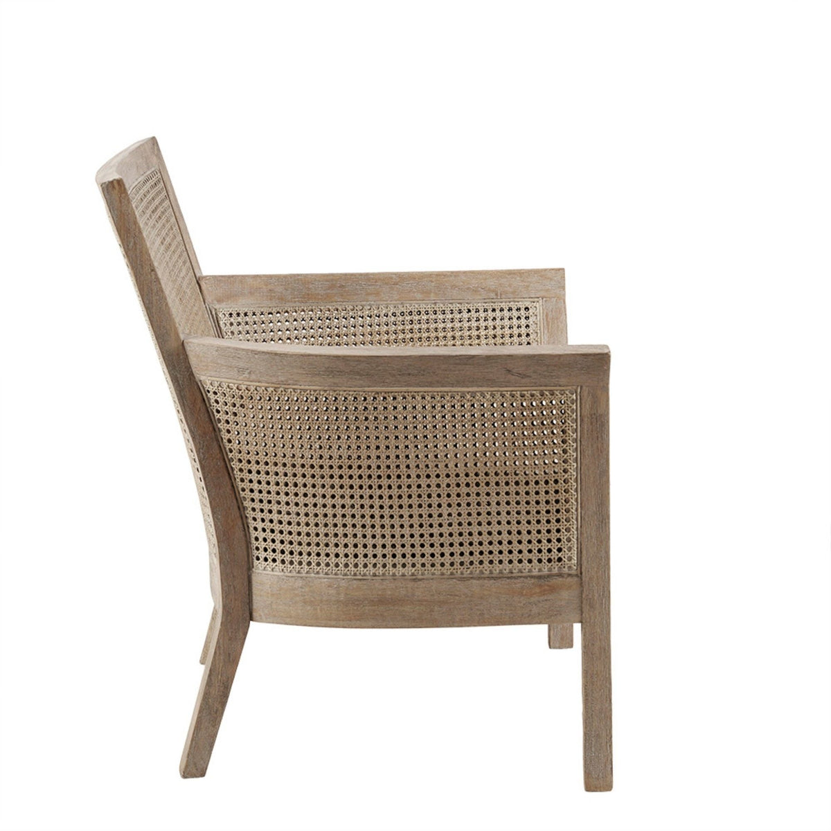 Cane armchair with woven back and natural reclaimed wood frame on Tampa Home & Garden Store