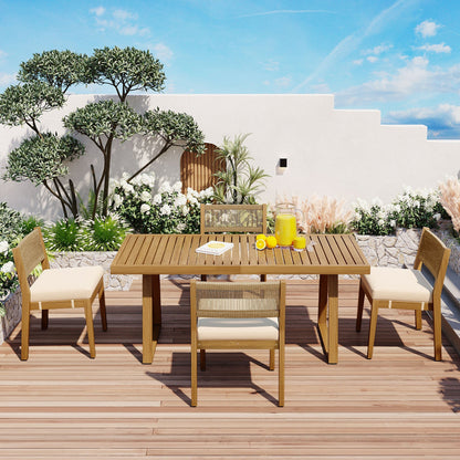 U_Style outdoor acacia wood dining table and chairs set with beige cushions on wooden deck on Tampa Home & Garden Store