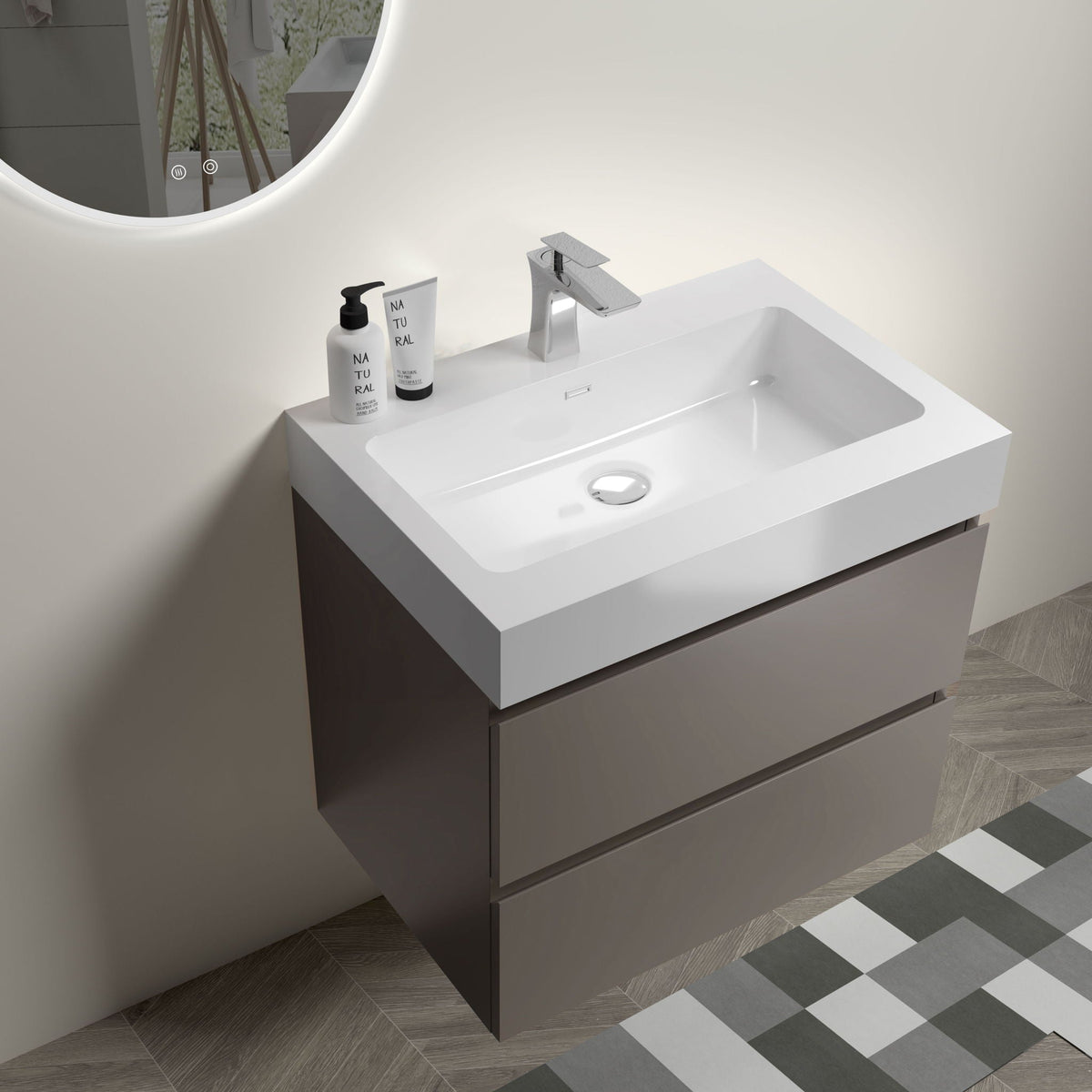 Alice Bathroom Vanity With Sink by HouseOfZazla in gray wood finish, white sink, chrome faucet, round backlit mirror on Tampa Home & Garden Store