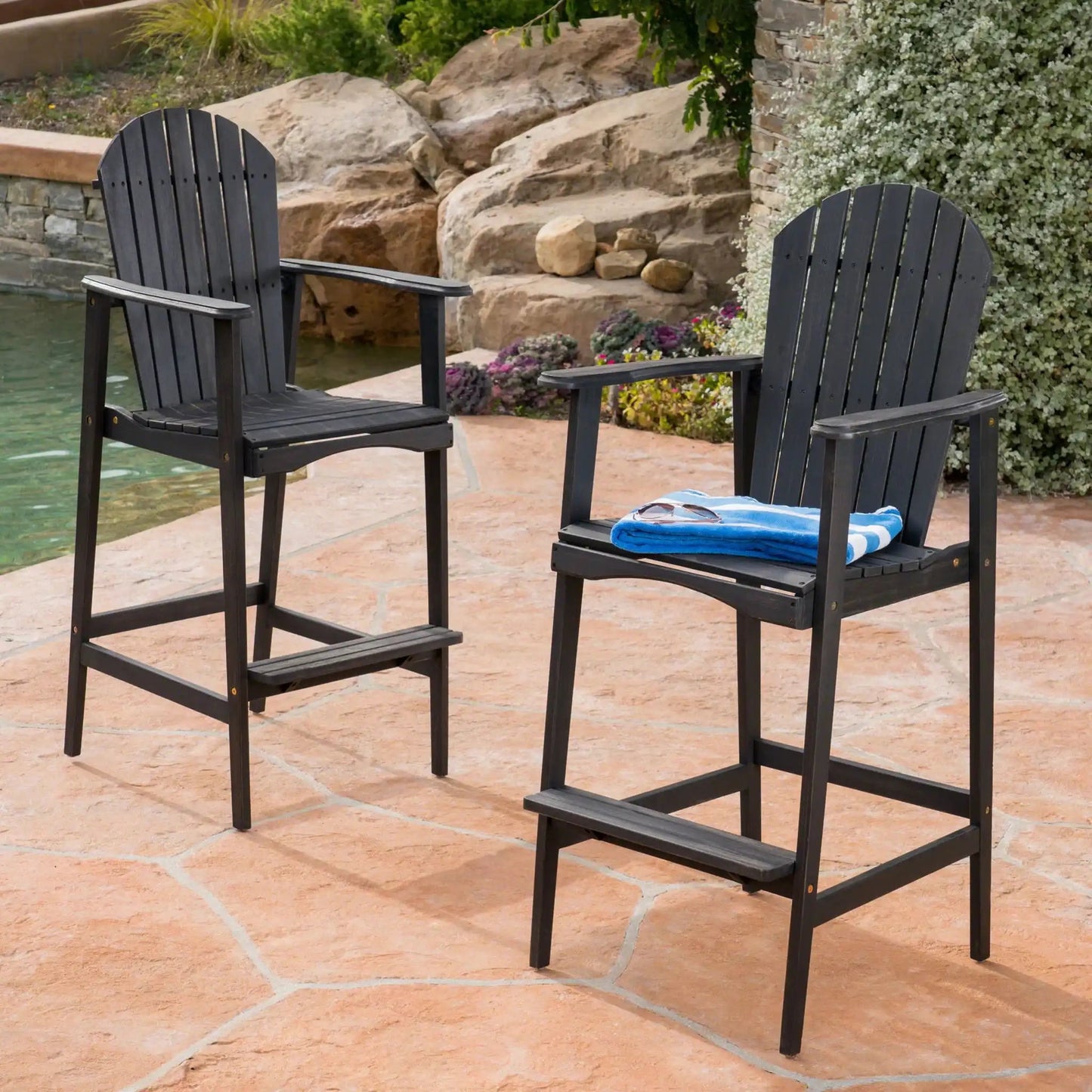 Outdoor Acacia Wood Adirondack Barstools set of 2 in dark charcoal finish on Tampa Home & Garden Store