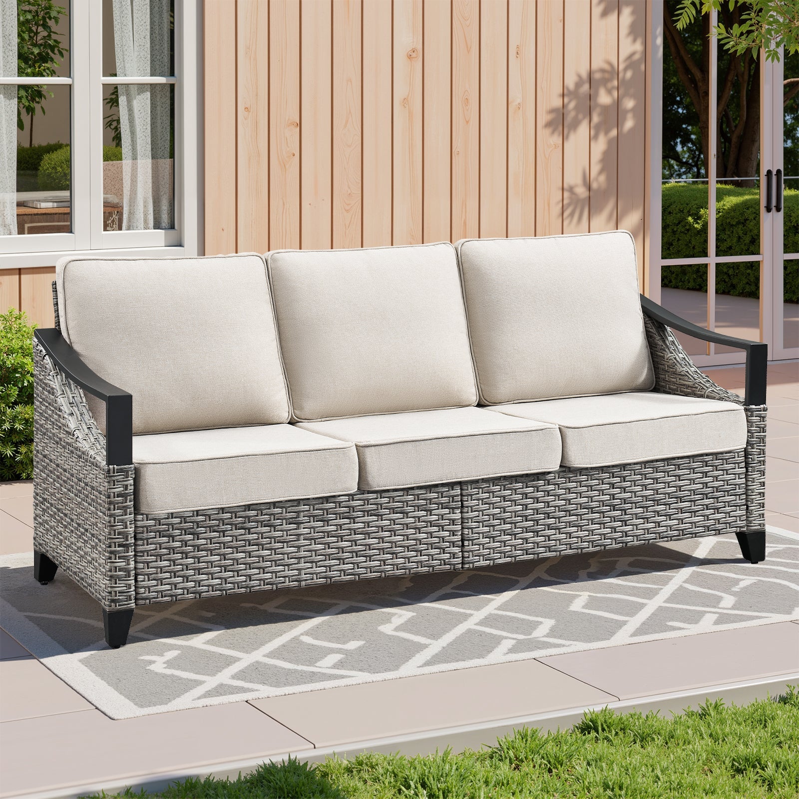 73.4 in Wide Outdoor Wicker Sofa by HouseOfZazla with beige cushions and gray wicker on Tampa Home & Garden Store