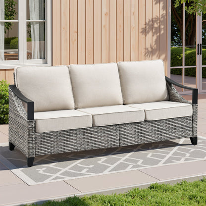 73.4 in Wide Outdoor Wicker Sofa by HouseOfZazla with beige cushions and gray wicker on Tampa Home & Garden Store