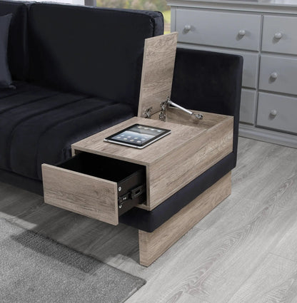Memphis reversible sectional sofa ottoman with storage drawer in light oak and black upholstery on Tampa Home & Garden Store