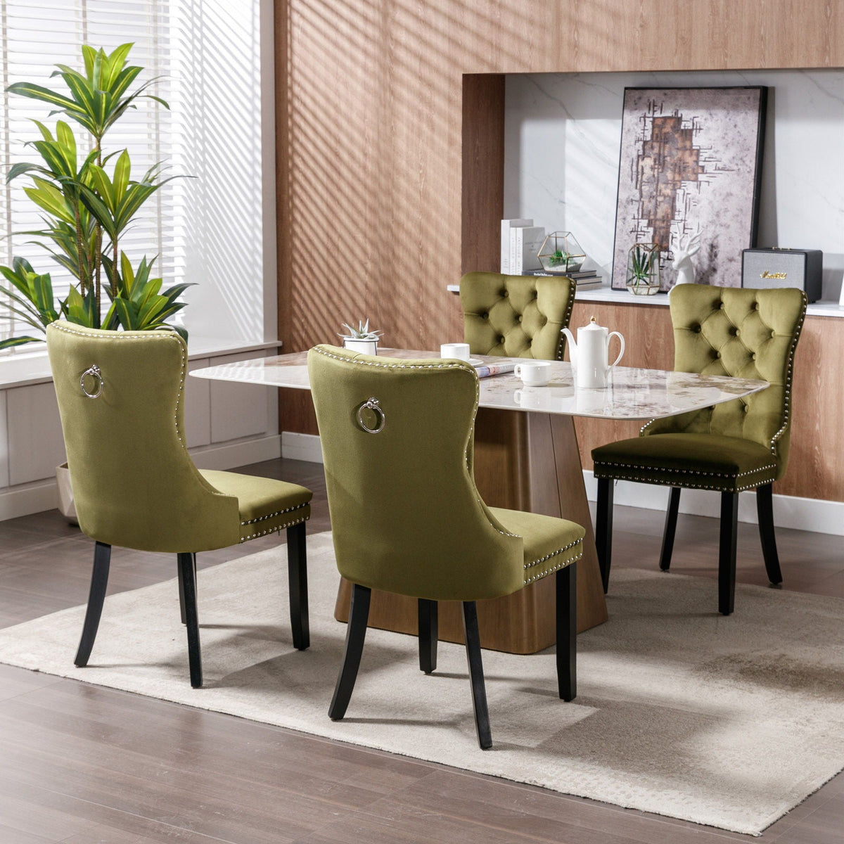 Tufted dining chair set in olive green velvet with nailhead trim, four chairs on Tampa Home & Garden Store