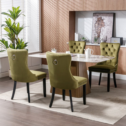 Tufted dining chair set in olive green velvet with nailhead trim, four chairs on Tampa Home & Garden Store