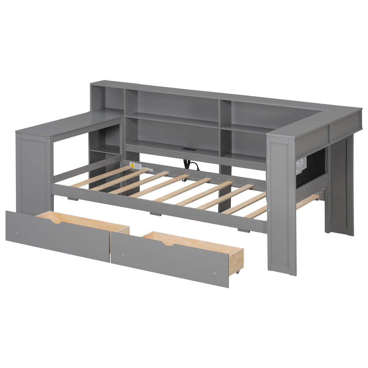 Gray platform bed frame with built-in desk, open storage shelves, and wide front drawers on Tampa Home & Garden Store
