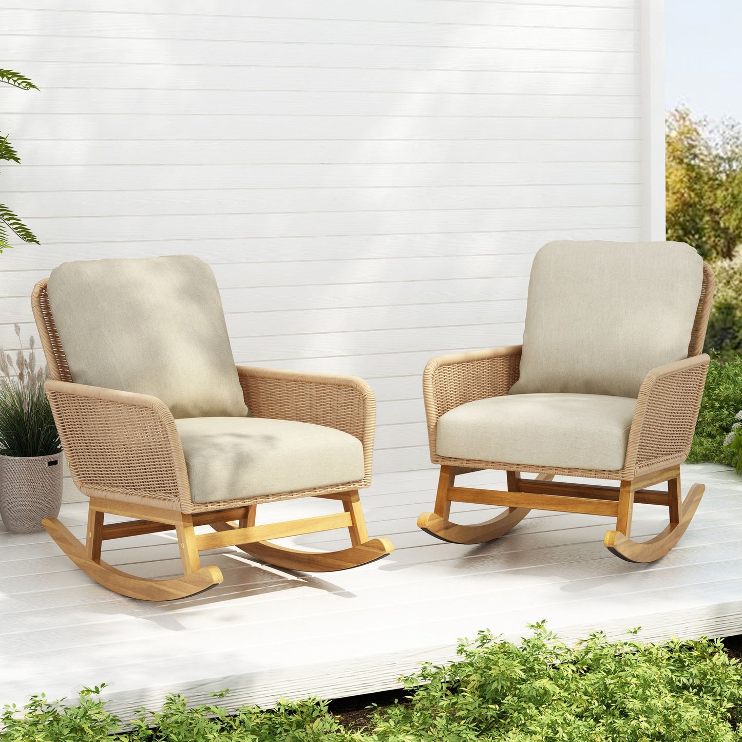 Contemporary minimalist wicker rocking chairs with beige cushions and wooden frames, 2 chairs on Tampa Home & Garden Store