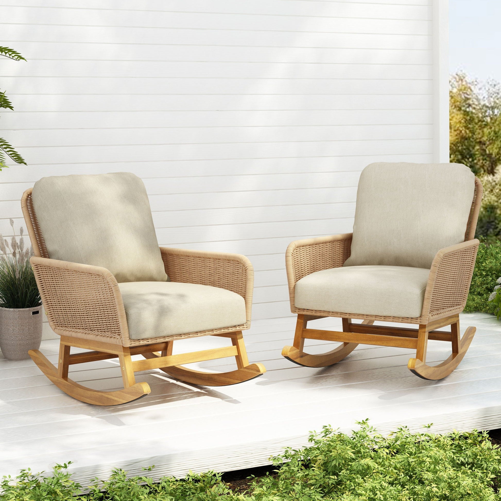 Contemporary minimalist wicker rocking chairs with beige cushions and wooden frames, 2 chairs on Tampa Home & Garden Store