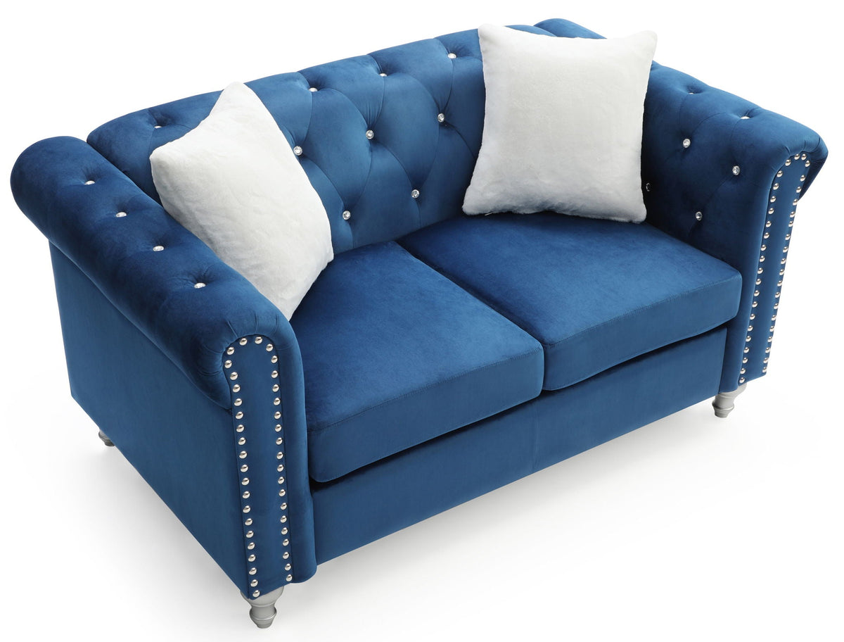 Blue velvet contemporary stationary loveseat with jeweled tufting and crystal buttons on Tampa Home & Garden Store