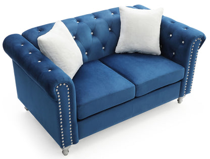 Blue velvet contemporary stationary loveseat with jeweled tufting and crystal buttons on Tampa Home & Garden Store