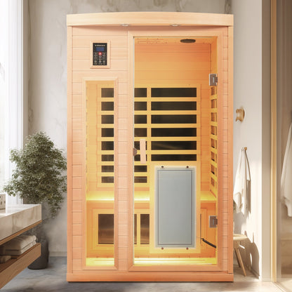 Two-person infrared sauna in hemlock wood with glass door and touch control by HouseOfZazla on Tampa Home & Garden Store