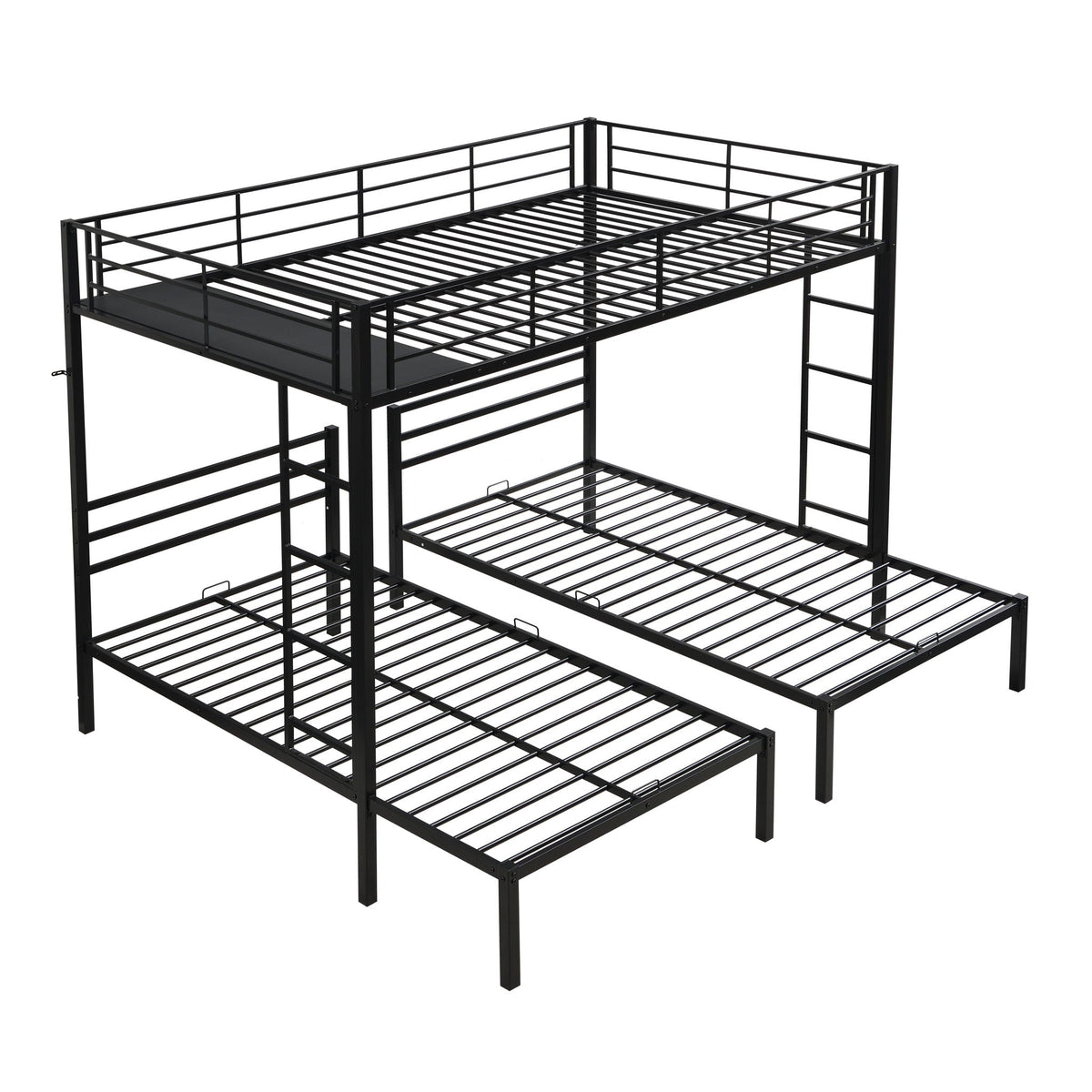 Modern metal triple bunk bed frame in black with vertical ladder safety rails and storage shelf on Tampa Home & Garden Store