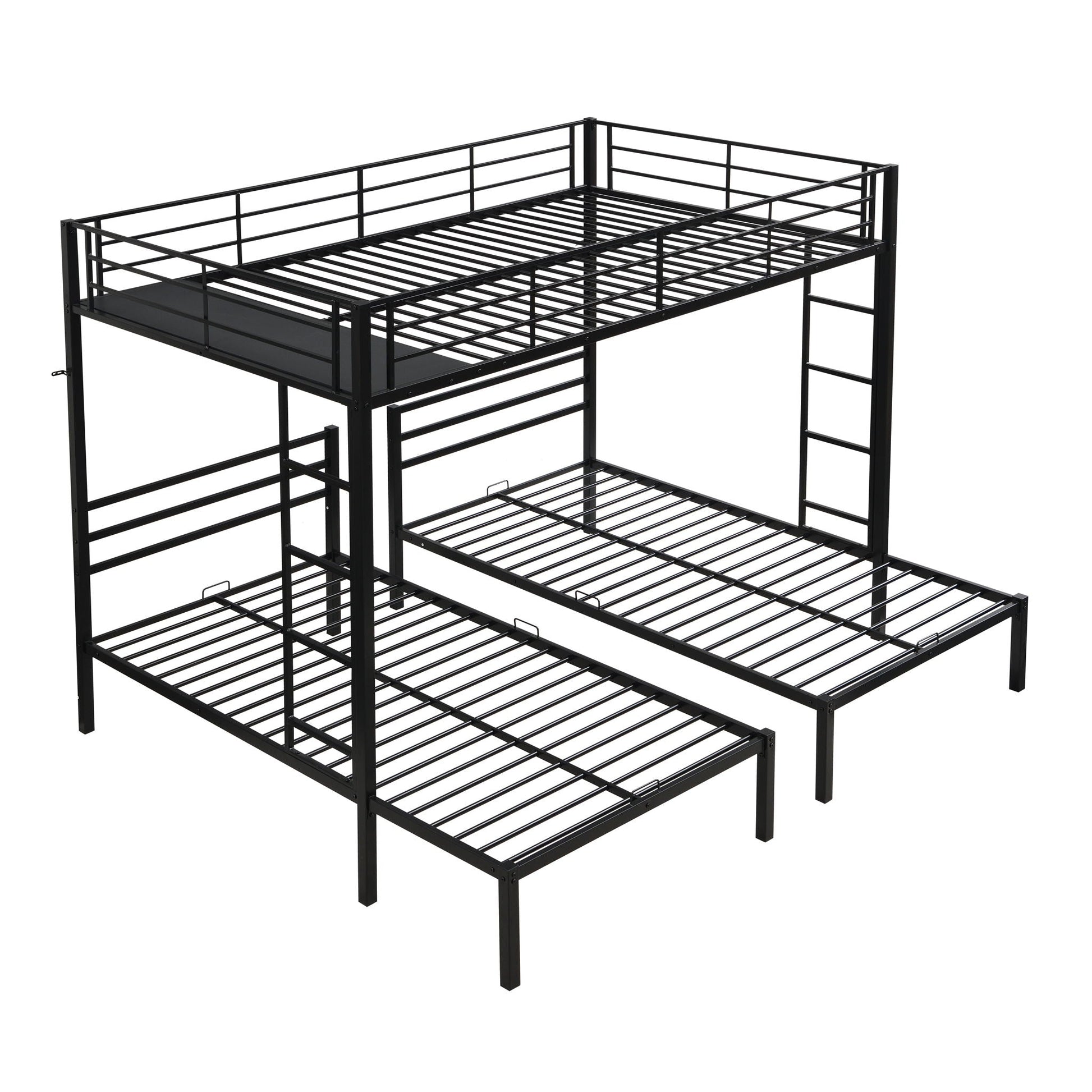 Modern metal triple bunk bed frame in black with vertical ladder safety rails and storage shelf on Tampa Home & Garden Store