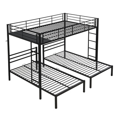 Modern metal triple bunk bed frame in black with vertical ladder safety rails and storage shelf on Tampa Home & Garden Store