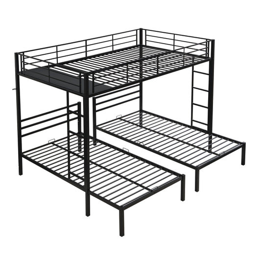 Modern metal triple bunk bed frame in black with vertical ladder safety rails and storage shelf on Tampa Home & Garden Store