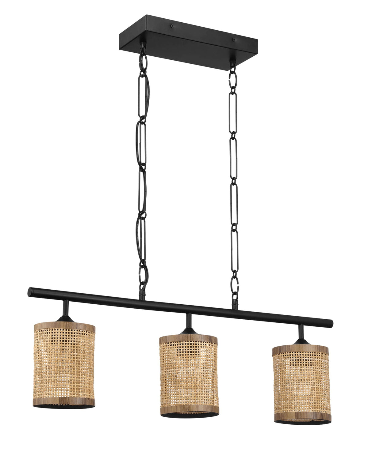 Elysian 3-light island ceiling lamp with natural rattan shades in black finish on chain suspension on Tampa Home & Garden Store