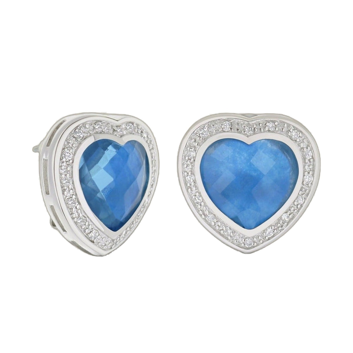 Lots of Love Button Earrings by Lauren G Adams, blue heart-cut stones with crystal halo, pair on Tampa Home & Garden Store